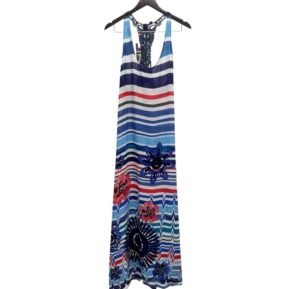 Desigual Stripes Floral Crochet Lightweight Blue Red Maxi Coverup Size Medium